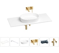 Раковина-столешница Wellsee Le.premier в наборе 6 в 1: каменная раковина со столешницей 100 см, кронштейны для подвесного монтажа, смеситель, сифон (цвет набора золото) 202004272