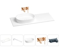 Раковина-столешница с чашей слева Wellsee Le.premier в наборе 5 в 1: раковина из камня со столешницей 100 см, кронштейны для подвесного монтажа, смеситель (розовое золото) 202003893