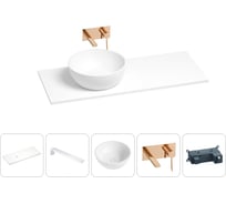 Раковина-столешница с чашей слева Wellsee La.lune в наборе 5 в 1: раковина из камня со столешницей 100 см, кронштейны для подвесного монтажа, смеситель (розовое золото) 202004108