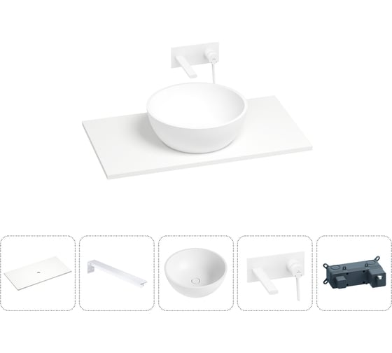 Раковина-столешница Wellsee La.lune в наборе 5 в 1: каменная раковина со столешницей 80 см в матовом белом цвете, кронштейны для подвесного монтажа, смеситель (матовый белый) 202004094 1