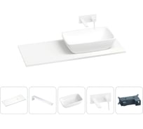 Раковина-столешница с чашей справа Wellsee La.chance в наборе 5 в 1: раковина из камня со столешницей 100 см, кронштейны для подвесного монтажа, смеситель (матовый белый) 202004044
