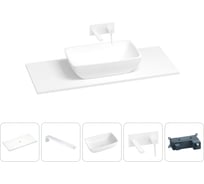 Раковина-столешница Wellsee La.chance в наборе 5 в 1: каменная раковина со столешницей 100 см в матовом белом цвете, кронштейны для подвесного монтажа, смеситель (матовый белый) 202004034