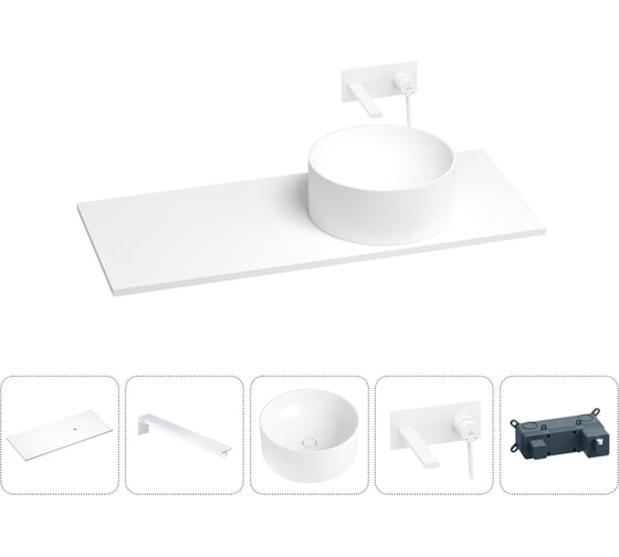 Раковина-столешница с чашей справа Wellsee Le.charme в наборе 5 в 1: раковина из камня со столешницей 100 см, кронштейны для подвесного монтажа, смеситель (матовый белый) 202004199 1