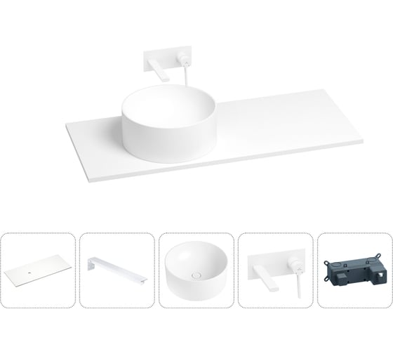 Раковина-столешница с чашей слева Wellsee Le.charme в наборе 5 в 1: раковина из камня со столешницей 120 см, кронштейны для подвесного монтажа, смеситель (матовый белый) 202004219 1