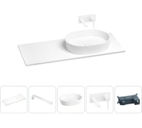 Раковина-столешница с чашей справа Wellsee Le.premier в наборе 5 в 1: раковина из камня со столешницей 130 см, кронштейны для подвесного монтажа, смеситель (матовый белый) 202003934