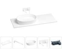 Раковина-столешница с чашей слева Wellsee Le.premier в наборе 5 в 1: раковина из камня со столешницей 130 см, кронштейны для подвесного монтажа, смеситель (матовый белый) 202003929