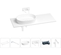 Раковина-столешница с чашей слева Wellsee Le.premier в наборе 6 в 1: раковина, столешница 100 см, кронштейны, смеситель, сифон (цвет набора матовый белый) 202004279