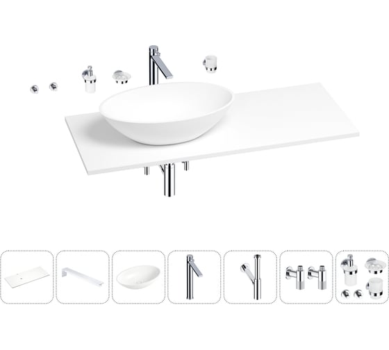 Раковина-столешница с чашей слева Wellsee Le.huit.mars в наборе 10 в 1: раковина, столешница 100 см, кронштейны, смеситель, сифон, вентили, аксессуары (цвет набора хром) 202003118 1