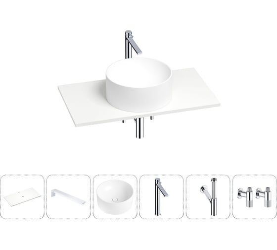 Раковина-столешница Wellsee Le.charme в наборе 6 в 1: каменная раковина со столешницей 80 см, кронштейны для подвесного монтажа, смеситель, сифон, вентили (цвет набора хром) 202002943 1