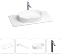 Раковина-столешница Wellsee Le.premier в наборе 4 в 1: каменная раковина со столешницей 90 см в матовом белом цвете, кронштейны для подвесного монтажа, смеситель (хром) 202001878