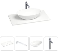 Раковина-столешница Wellsee Le.huit.mars в наборе 4 в 1: каменная раковина со столешницей 90 см в матовом белом цвете, кронштейны для подвесного монтажа, смеситель (хром) 202001953