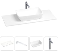 Раковина-столешница Wellsee La.chance в наборе 4 в 1: каменная раковина со столешницей 100 см в матовом белом цвете, кронштейны для подвесного монтажа, смеситель (хром) 202002028