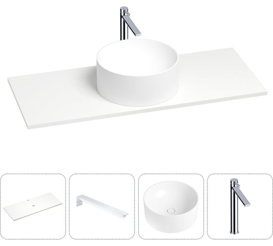 Раковина-столешница Wellsee Le.charme в наборе 4 в 1: каменная раковина со столешницей 120 см в матовом белом цвете, кронштейны для подвесного монтажа, смеситель (хром) 202002208 1