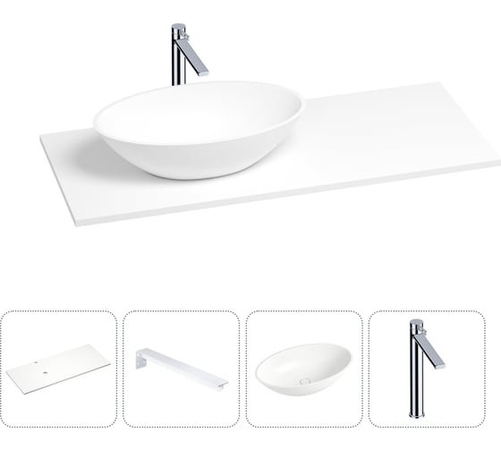 Раковина-столешница с чашей слева Wellsee Le.huit.mars в наборе 4 в 1: раковина из камня со столешницей 120 см, кронштейны для подвесного монтажа, смеситель (хром) 202001988 1