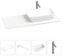 Раковина-столешница с чашей справа Wellsee La.chance в наборе 4 в 1: раковина из камня со столешницей 130 см, кронштейны для подвесного монтажа, смеситель (хром) 202002073