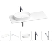 Раковина-столешница с чашей слева Wellsee Le.premier в наборе 5 в 1: раковина из камня со столешницей 100 см, кронштейны для подвесного монтажа, смеситель и сифон (хром) 202002273