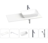 Раковина-столешница с чашей справа Wellsee La.chance в наборе 5 в 1: раковина из камня со столешницей 110 см, кронштейны для подвесного монтажа, смеситель и сифон (хром) 202002433