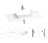 Раковина-столешница Wellsee La.chance в наборе 5 в 1: каменная раковина со столешницей 120 см в матовом белом цвете, кронштейны для подвесного монтажа, смеситель и сифон (хром) 202002438