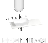 Раковина-столешница с чашей слева Wellsee La.chance в наборе 11 в 1: раковина, столешница 130 см, кронштейны, смеситель, сифон, вентили, аксессуары, зеркало (цвет набора матовый черный) 202003609