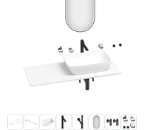 Раковина-столешница с чашей справа Wellsee La.chance в наборе 11 в 1: раковина, столешница 130 см, кронштейны, смеситель, сифон, вентили, аксессуары, зеркало (цвет набора матовый черный) 202003614