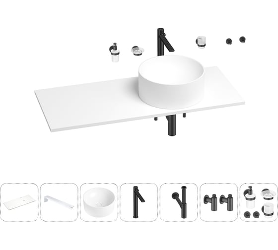 Раковина-столешница с чашей справа Wellsee Le.charme в наборе 10 в 1: раковина, столешница 100 см, кронштейны, смеситель, сифон, вентили, аксессуары (цвет набора матовый черный) 202003349 1
