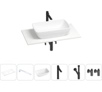 Раковина-столешница Wellsee La.chance в наборе 6 в 1: каменная раковина со столешницей 80 см, кронштейны для подвесного монтажа, смеситель, сифон, вентили (цвет набора матовый черный) 202002789