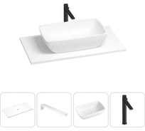 Раковина-столешница Wellsee La.chance в наборе 4 в 1: каменная раковина со столешницей 80 см в матовом белом цвете, кронштейны для подвесного монтажа, смеситель (матовый черный) 202002019