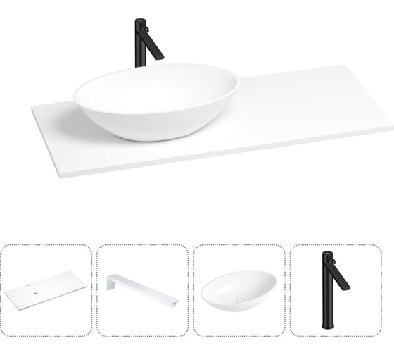 Раковина-столешница с чашей слева Wellsee Le.huit.mars в наборе 4 в 1: раковина из камня со столешницей 100 см, кронштейны для подвесного монтажа, смеситель (матовый черный) 202001964 1