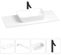 Раковина-столешница Wellsee La.chance в наборе 4 в 1: каменная раковина со столешницей 120 см в матовом белом цвете, кронштейны для подвесного монтажа, смеситель (матовый черный) 202002054