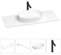 Раковина-столешница Wellsee Le.premier в наборе 4 в 1: каменная раковина со столешницей 120 см в матовом белом цвете, кронштейны для подвесного монтажа, смеситель (матовый черный) 202001909