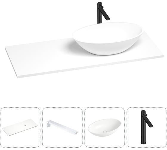 Раковина-столешница с чашей справа Wellsee Le.huit.mars в наборе 4 в 1: раковина из камня со столешницей 100 см, кронштейны для подвесного монтажа, смеситель (матовый черный) 202001969 1