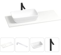 Раковина-столешница с чашей слева Wellsee La.chance в наборе 4 в 1: раковина из камня со столешницей 110 см, кронштейны для подвесного монтажа, смеситель (матовый черный) 202002044