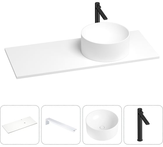 Раковина-столешница с чашей справа Wellsee Le.charme в наборе 4 в 1: раковина из камня со столешницей 100 см, кронштейны для подвесного монтажа, смеситель (матовый черный) 202002194 1