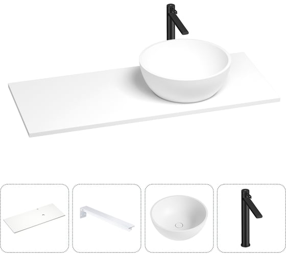 Раковина-столешница с чашей справа Wellsee La.lune в наборе 4 в 1: раковина из камня со столешницей 120 см, кронштейны для подвесного монтажа, смеситель (матовый черный) 202002134 1