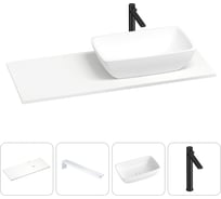 Раковина-столешница с чашей справа Wellsee La.chance в наборе 4 в 1: раковина из камня со столешницей 120 см, кронштейны для подвесного монтажа, смеситель (матовый черный) 202002064