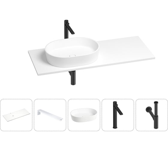 Раковина-столешница с чашей слева Wellsee Le.premier в наборе 5 в 1: раковина из камня со столешницей 120 см, кронштейны для подвесного монтажа, смеситель и сифон (матовый черный) 202002299 1