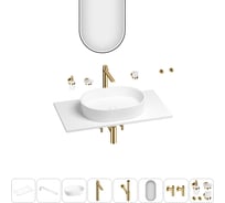 Раковина-столешница Wellsee Le.premier в наборе 11 в 1: каменная раковина со столешницей 80 см, кронштейны, смеситель, сифон, вентили, аксессуары, зеркало (цвет набора золото) 202003415
