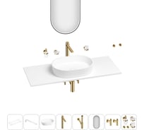 Раковина-столешница Wellsee Le.premier в наборе 11 в 1: каменная раковина со столешницей 120 см, кронштейны, смеситель, сифон, вентили, аксессуары, зеркало (цвет набора золото) 202003450