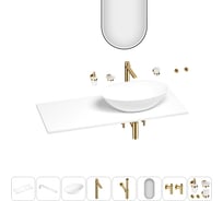 Раковина-столешница с чашей справа Wellsee Le.huit.mars в наборе 11 в 1: раковина, столешница 120 см, кронштейны, смеситель, сифон, вентили, аксессуары, зеркало (цвет набора золото) 202003535