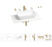 Раковина-столешница Wellsee La.chance в наборе 10 в 1: каменная раковина со столешницей 90 см, кронштейны, смеситель, сифон, вентили, аксессуары (цвет набора золото) 202003180