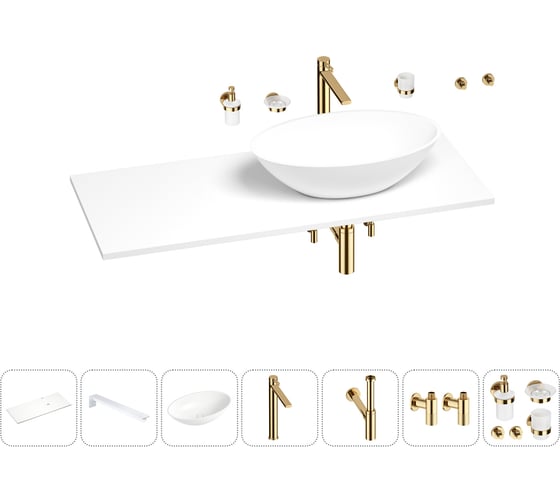 Раковина-столешница с чашей справа Wellsee Le.huit.mars в наборе 10 в 1: раковина, столешница 100 см, кронштейны, смеситель, сифон, вентили, аксессуары (цвет набора золото) 202003125 1