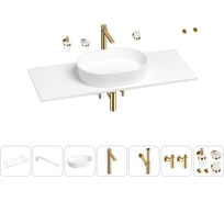 Раковина-столешница Wellsee Le.premier в наборе 10 в 1: каменная раковина со столешницей 120 см, кронштейны, смеситель, сифон, вентили, аксессуары (цвет набора золото) 202003065