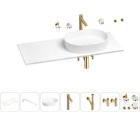 Раковина-столешница с чашей справа Wellsee Le.premier в наборе 10 в 1: раковина, столешница 110 см, кронштейны, смеситель, сифон, вентили, аксессуары (цвет набора золото) 202003060
