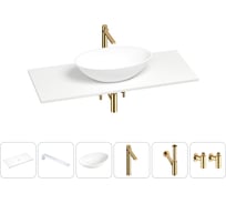 Раковина-столешница Wellsee Le.huit.mars в наборе 6 в 1: каменная раковина со столешницей 100 см, кронштейны для подвесного монтажа, смеситель, сифон, вентили (цвет набора золото) 202002730