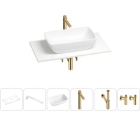 Раковина-столешница Wellsee La.chance в наборе 6 в 1: каменная раковина со столешницей 80 см, кронштейны для подвесного монтажа, смеситель, сифон, вентили (цвет набора золото) 202002790