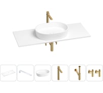Раковина-столешница Wellsee Le.premier в наборе 6 в 1: каменная раковина со столешницей 120 см, кронштейны для подвесного монтажа, смеситель, сифон, вентили (цвет набора золото) 202002680