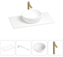 Раковина-столешница Wellsee La.lune в наборе 4 в 1: каменная раковина со столешницей 90 см в матовом белом цвете, кронштейны для подвесного монтажа, смеситель (золото) 202002095