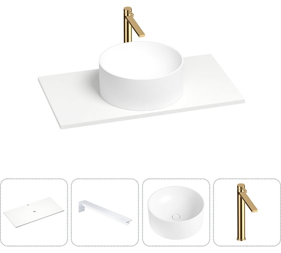 Раковина-столешница Wellsee Le.charme в наборе 4 в 1: каменная раковина со столешницей 80 см в матовом белом цвете, кронштейны для подвесного монтажа, смеситель (золото) 202002175 1