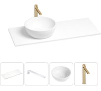 Раковина-столешница с чашей слева Wellsee La.lune в наборе 4 в 1: раковина из камня со столешницей 100 см, кронштейны для подвесного монтажа, смеситель (золото) 202002105