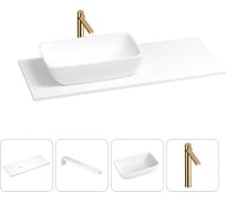 Раковина-столешница с чашей слева Wellsee La.chance в наборе 4 в 1: раковина из камня со столешницей 100 см, кронштейны для подвесного монтажа, смеситель (золото) 202002035